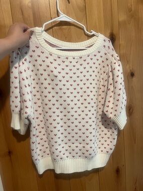 Cream Short-Sleeve Knit Sweater with Pink Heart Dot Pattern
